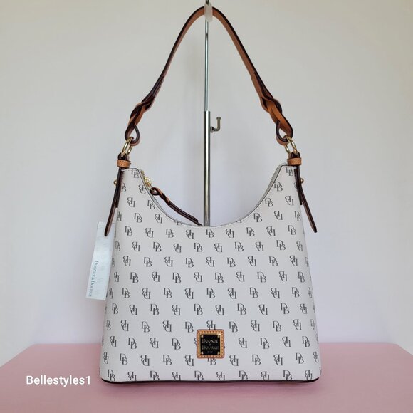 DOONEY & BOURKE Bryce Signature Logo Print Coated Fabric Hobo Bag- Bone color⭐ - Picture 3 of 16